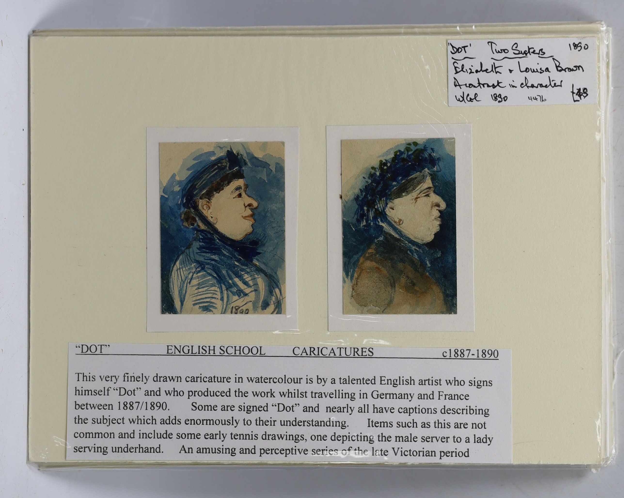 Seven 19th century English School watercolour ‘Dot’ caricatures, including ‘Taking the Aim’ and ‘German Soldier’, some dated and inscribed, each 11.5 x 6cm, unframed